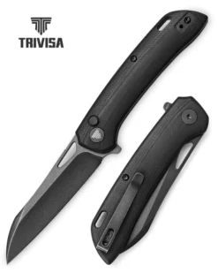 Trivisa Aries Button Lock Folding Knife Black G10 Handle 14C28N Sheepsfoot Plain Edge Black Stonewash Finish Aries-03B