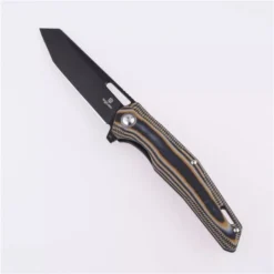 (With Free Lileep Tool) Shieldon Boa Folding Knife Tan/Black G10 Handle D2 Reverse Tanto Plain Black Blade SHI9043G1