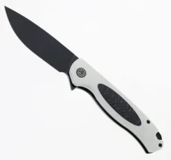 Petrified Fish Flipper Folding Knife Carbon Fiber/White G10 Handle D2 Plain Edge Black Stonewash Finish B03-WDW